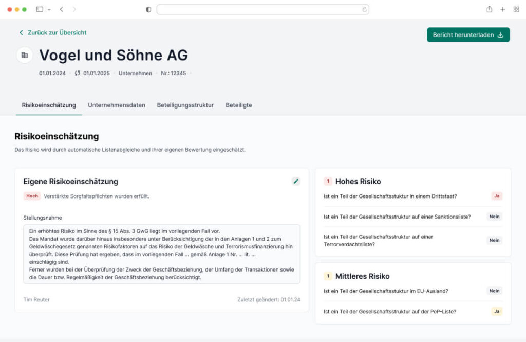 Browser mit KYB Risikobewertung KYC
